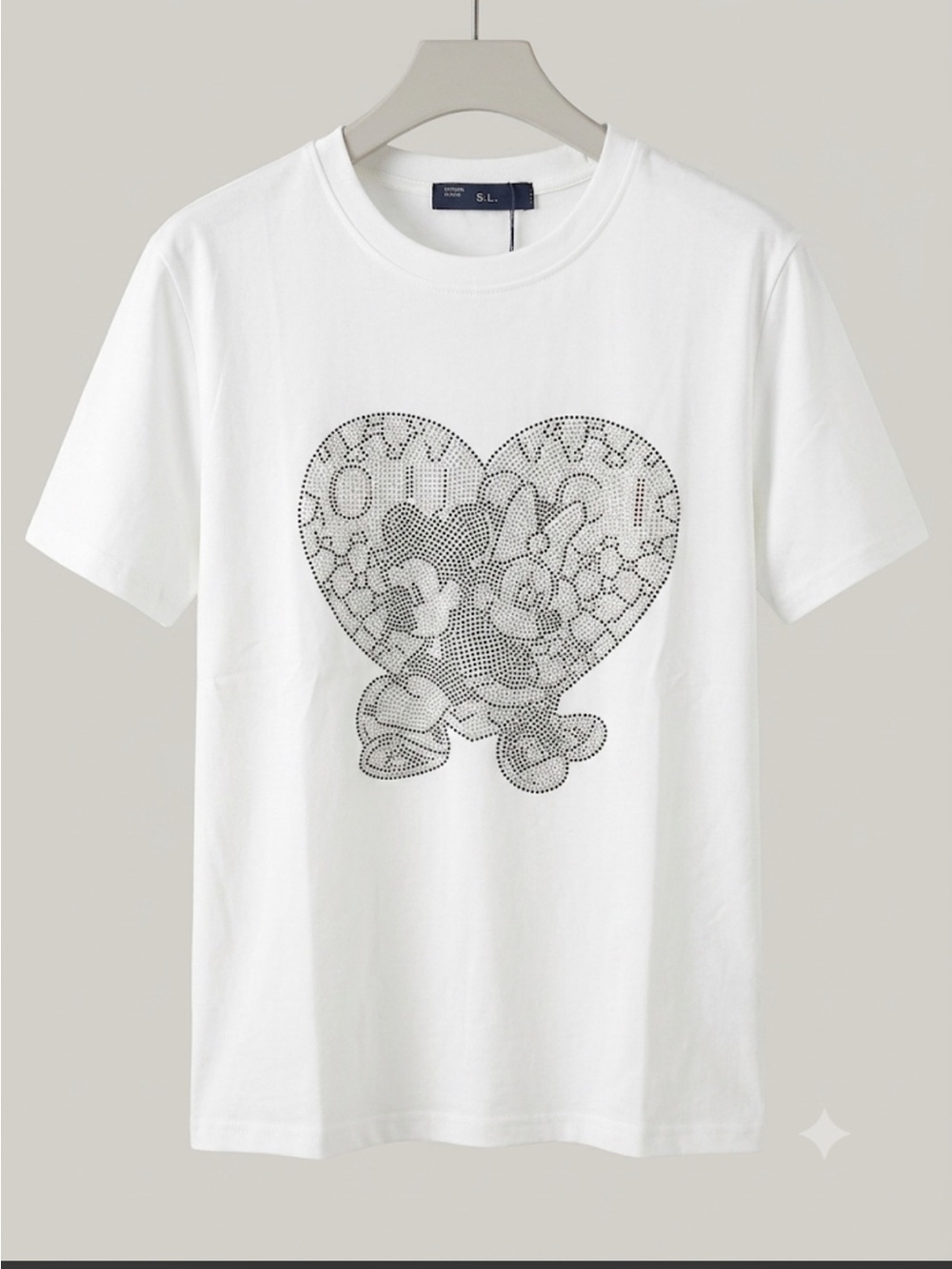 Brand new stretchy White Heart Graphic Tee with Rhinestone Mickey Design